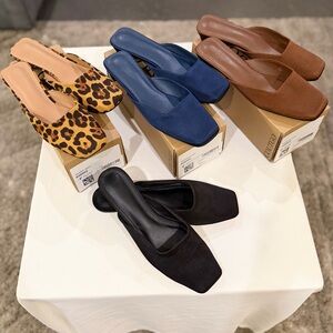 Square-Toe Low Heel Mules Black, Navy, Brown, & Leopard Faux Suede & Satin 8